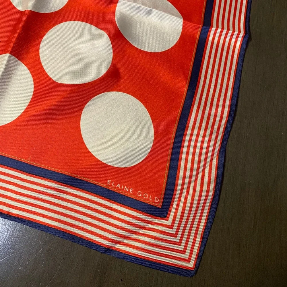 Elaine Gold Vintage Silk Square Scarf Red White Polka Dot Striped Border 22in